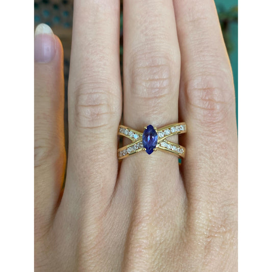 Solid 14k Yellow Gold Diamond & Tanzanite Ring - Size 6.75