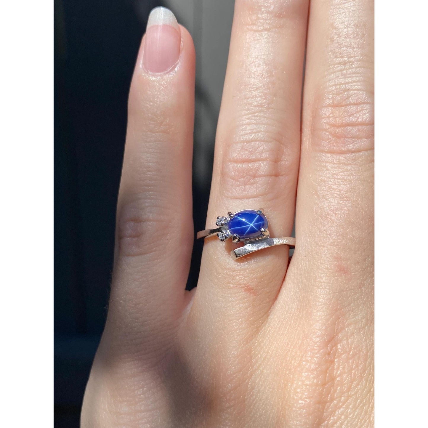 Vintage Solid 14k White Gold Diamond Blue Star Sapphire Ring - Size 5.5