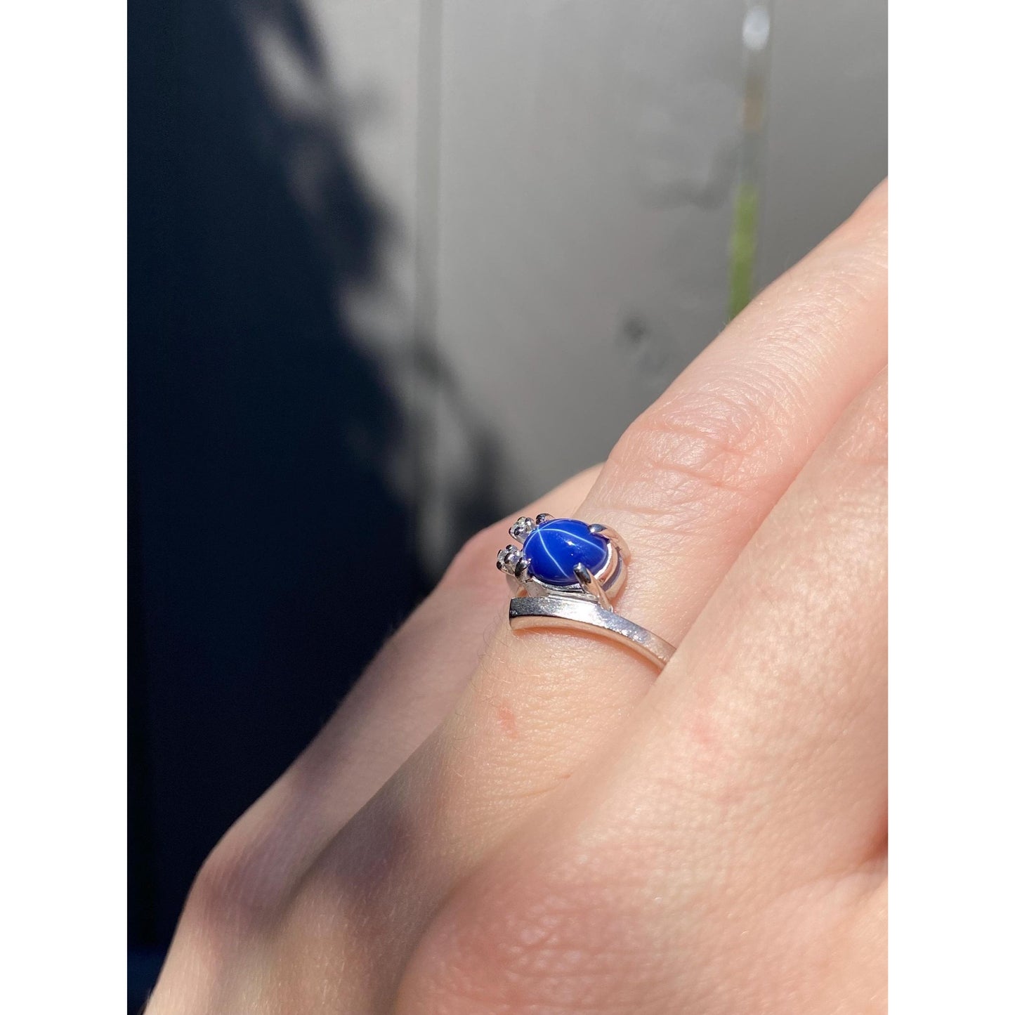 Vintage Solid 14k White Gold Diamond Blue Star Sapphire Ring - Size 5.5