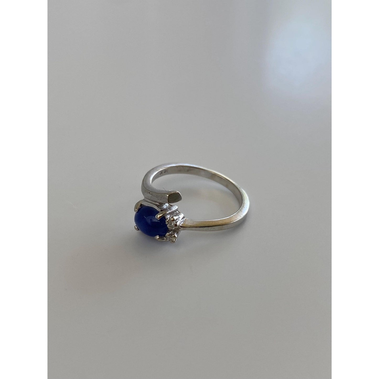 Vintage Solid 14k White Gold Diamond Blue Star Sapphire Ring - Size 5.5