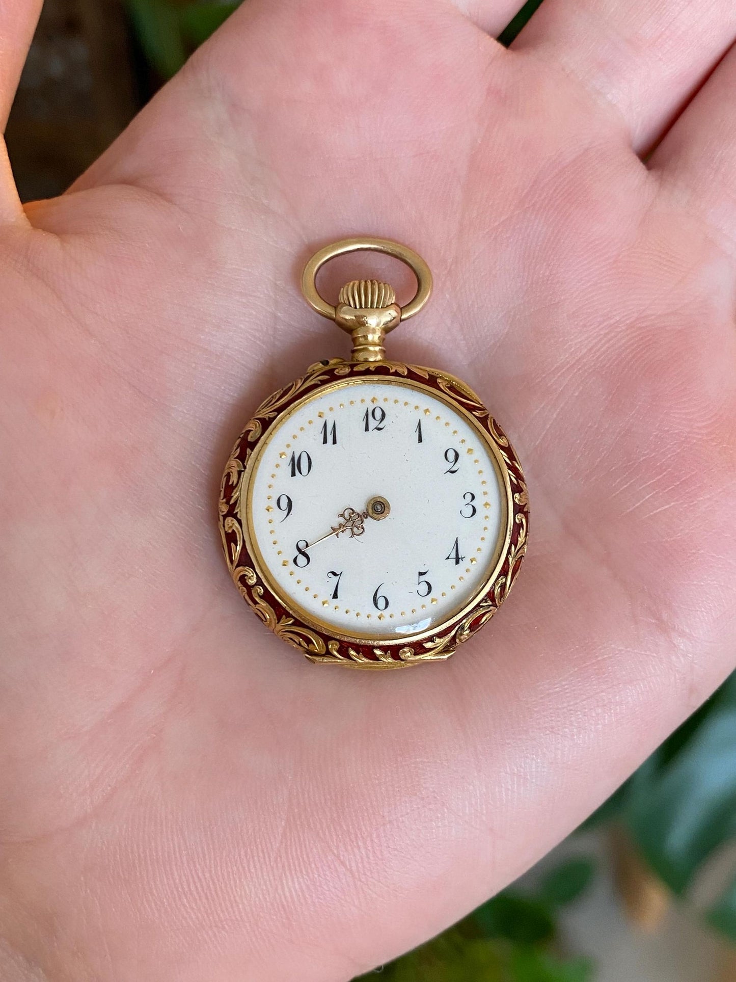 Schlesicky Solid 14k Yellow Gold Red Enamel Pocket Watch