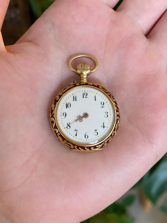 Schlesicky Solid 14k Yellow Gold Red Enamel Pocket Watch
