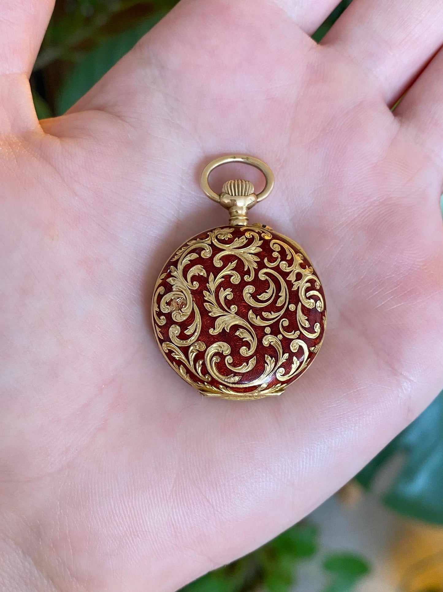 Schlesicky Solid 14k Yellow Gold Red Enamel Pocket Watch