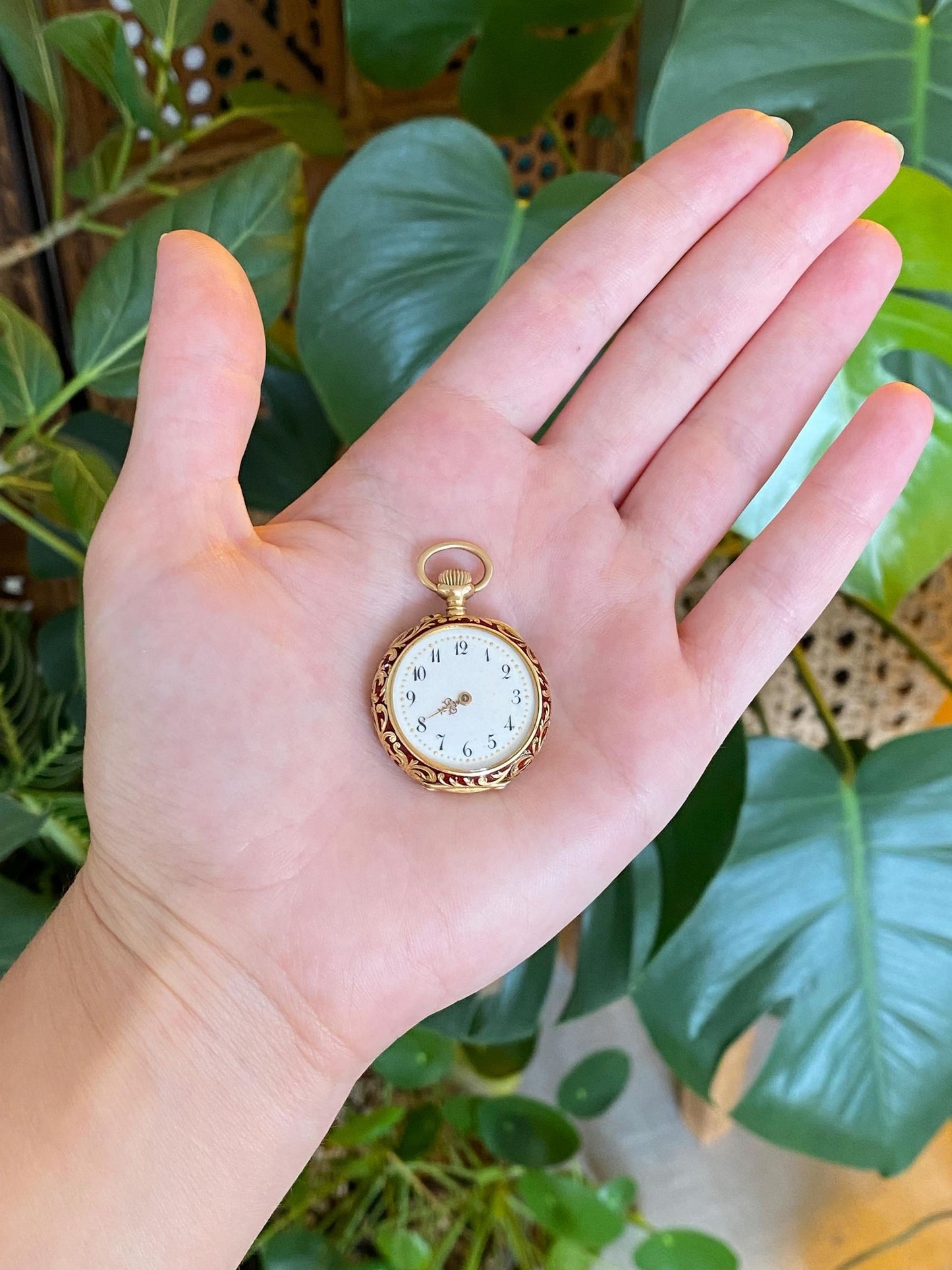 Schlesicky Solid 14k Yellow Gold Red Enamel Pocket Watch