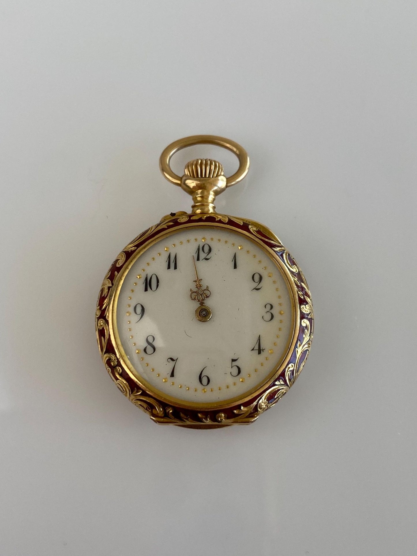 Schlesicky Solid 14k Yellow Gold Red Enamel Pocket Watch