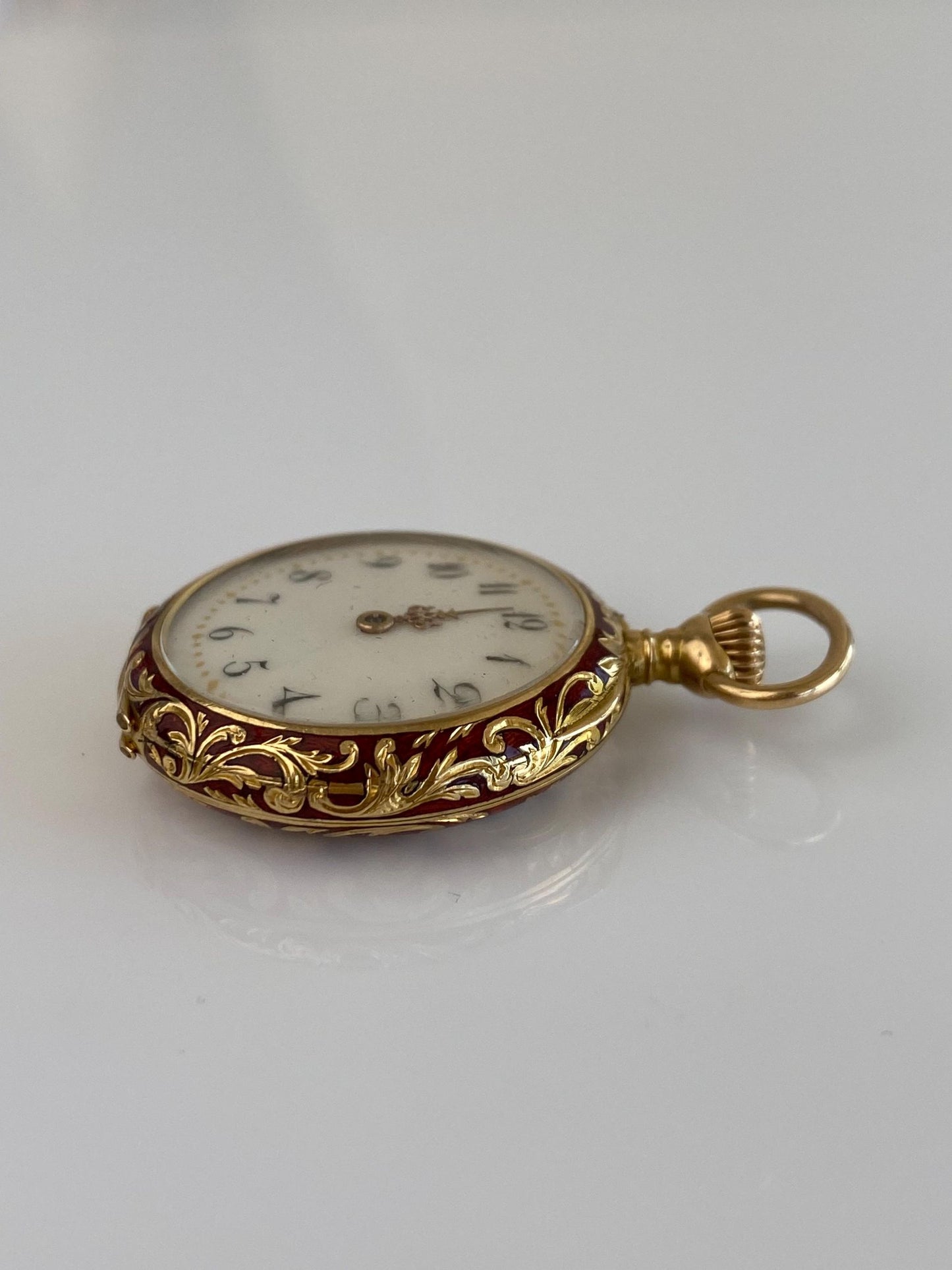 Schlesicky Solid 14k Yellow Gold Red Enamel Pocket Watch