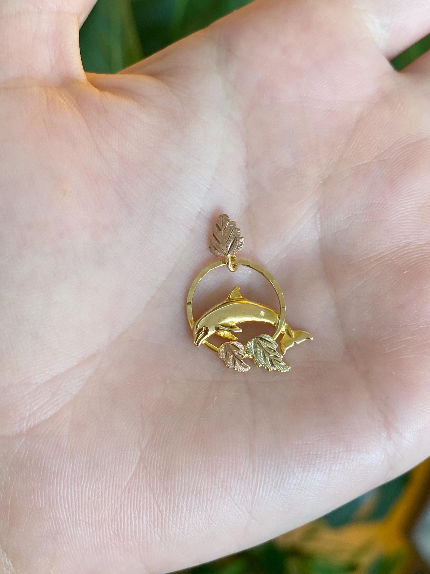 Vintage Solid 10k Black Hills Gold Diamond Cut Dolphin Leaves Charm