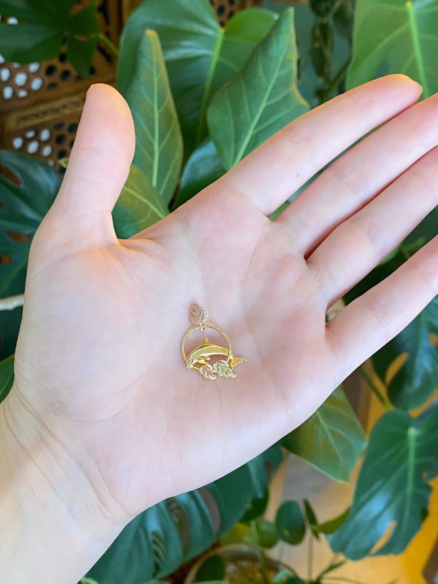 Vintage Solid 10k Black Hills Gold Diamond Cut Dolphin Leaves Charm