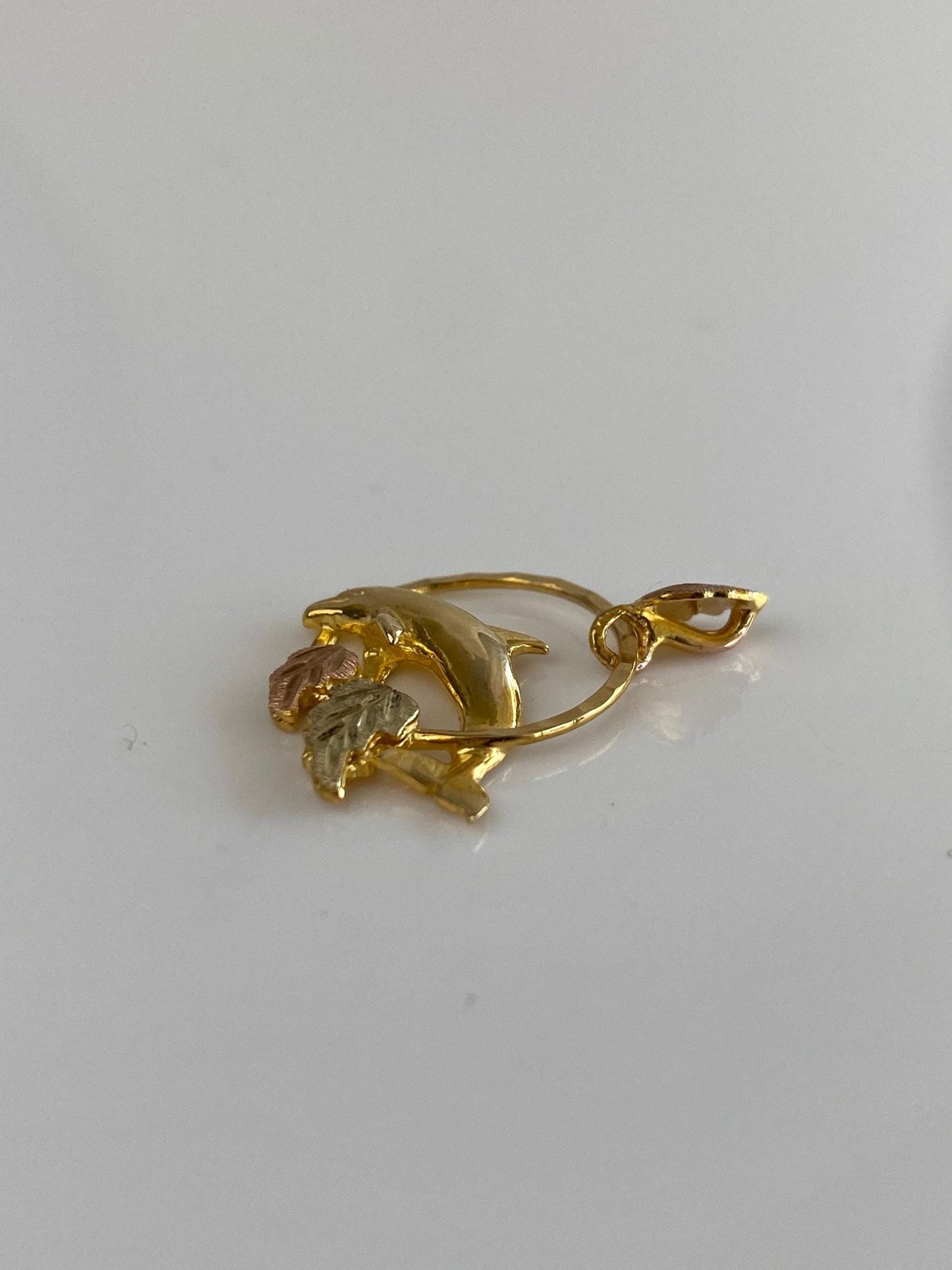 Vintage Solid 10k Black Hills Gold Diamond Cut Dolphin Leaves Charm