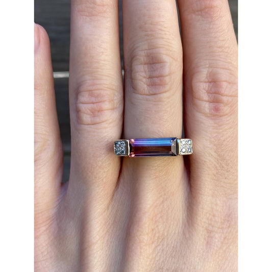 Vintage Solid 18k White Gold Diamond Bi Color Tourmaline Ring - Size 5.5-5.75