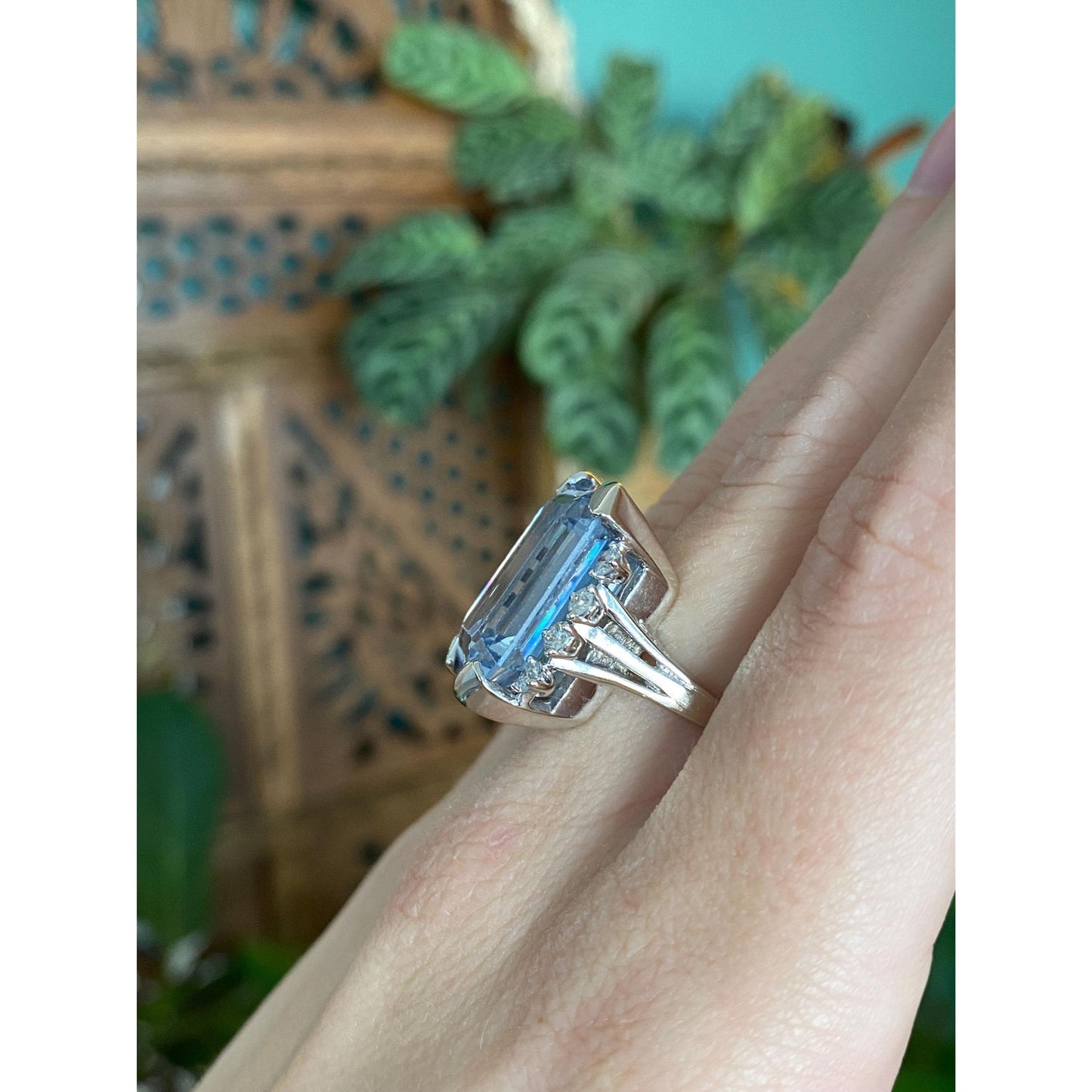 Vintage Solid 14k White Gold Diamond Topaz Ring - Size 5.5