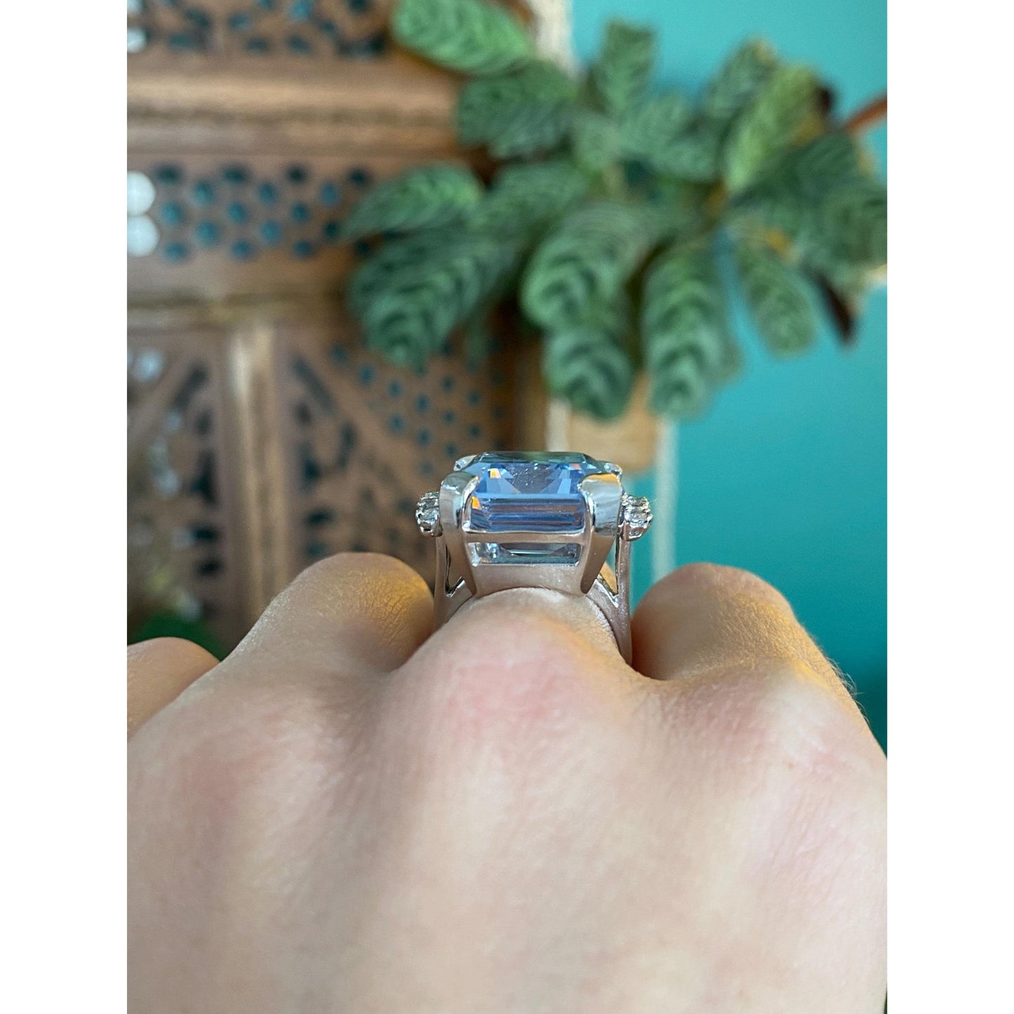 Vintage Solid 14k White Gold Diamond Topaz Ring - Size 5.5