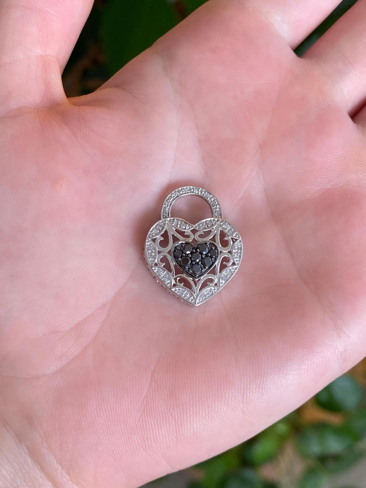 Vintage Solid 10k White Gold Black & Clear Diamond Heart Lock Charm