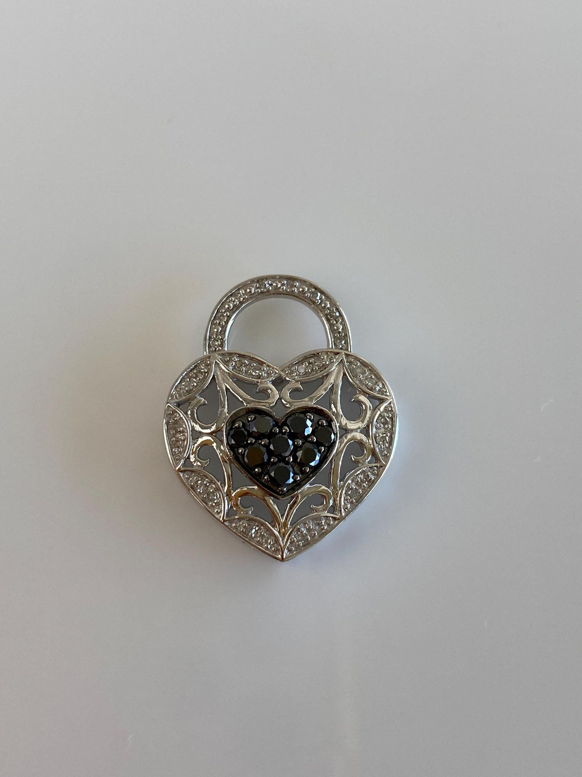 Vintage Solid 10k White Gold Black & Clear Diamond Heart Lock Charm