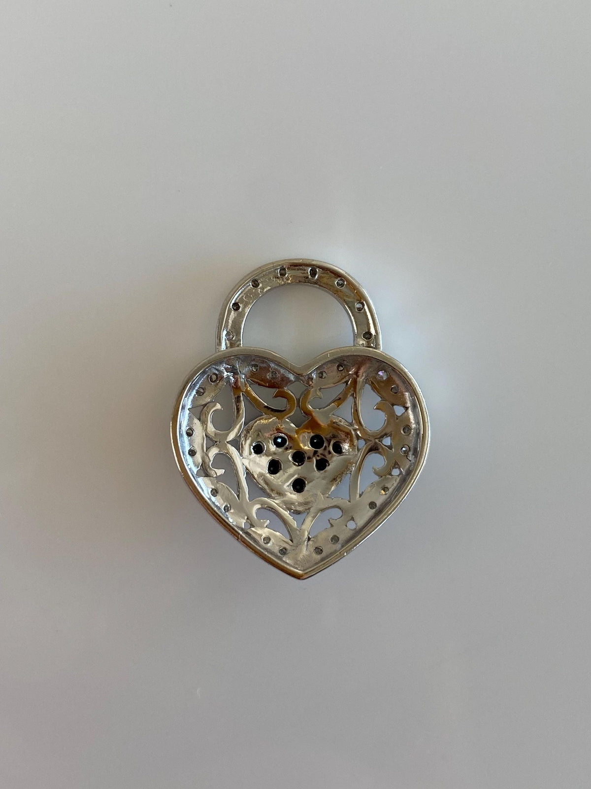 Vintage Solid 10k White Gold Black & Clear Diamond Heart Lock Charm