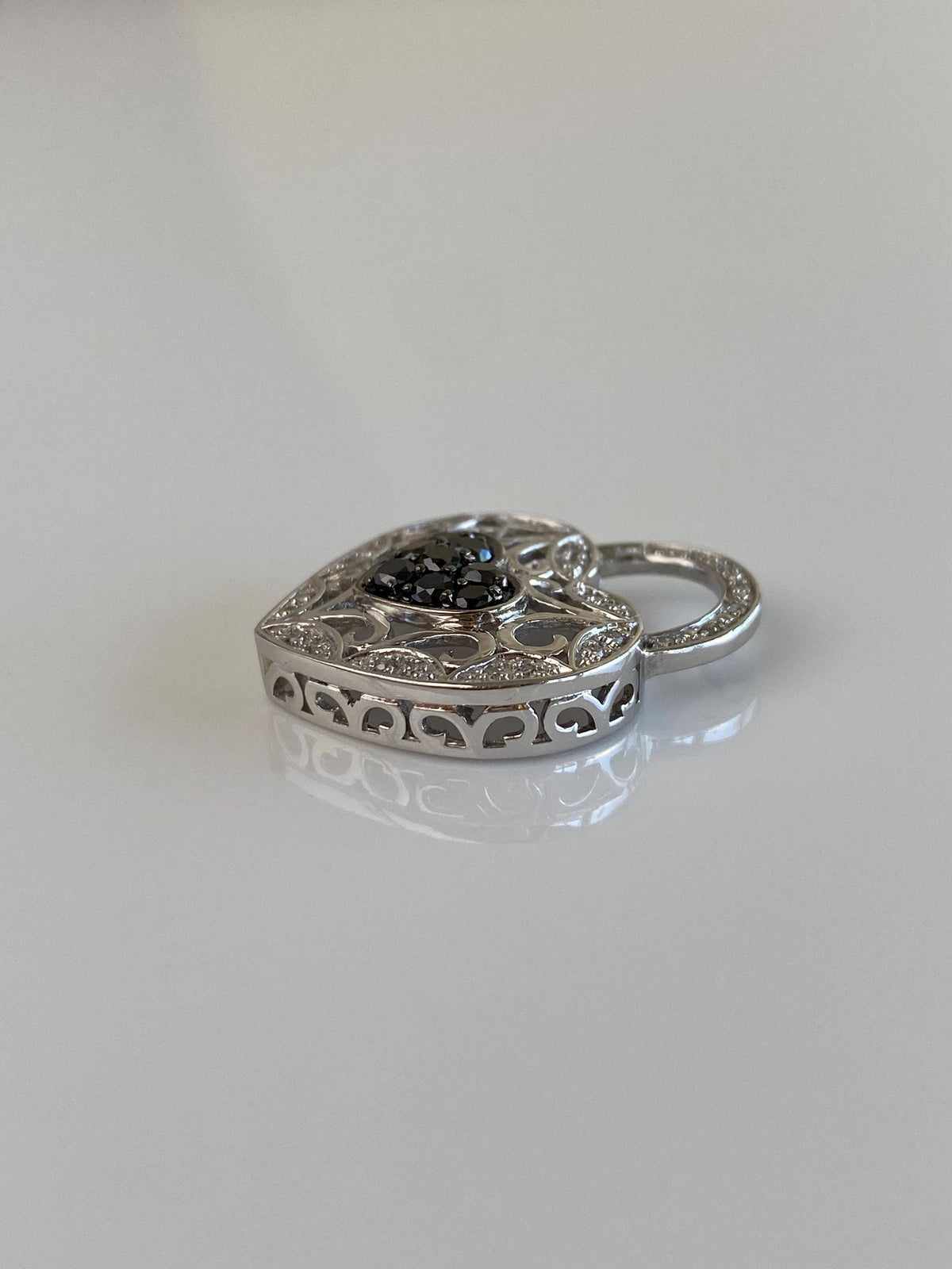 Vintage Solid 10k White Gold Black & Clear Diamond Heart Lock Charm