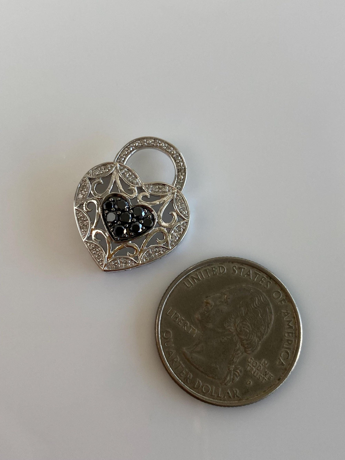 Vintage Solid 10k White Gold Black & Clear Diamond Heart Lock Charm