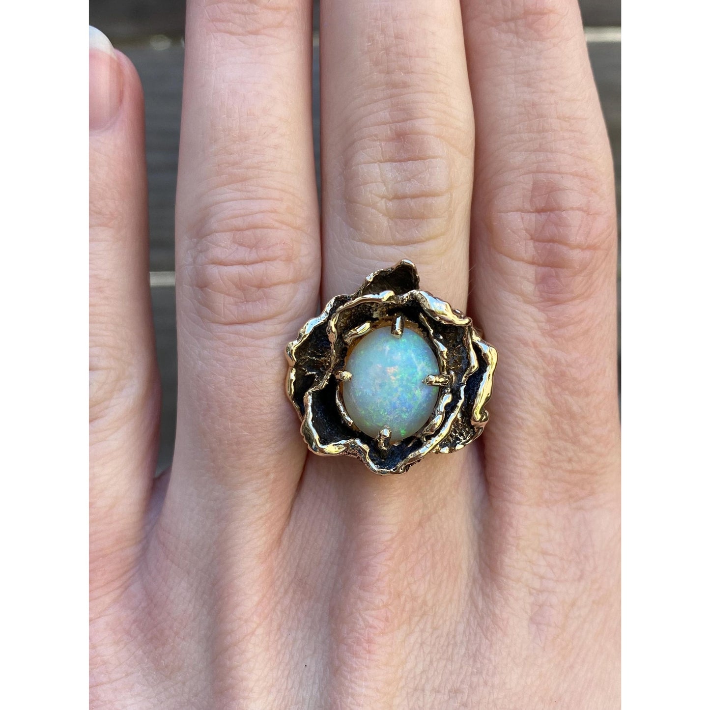 Vintage Solid 14k Yellow Gold Opal Flower Ring - Size 5.75
