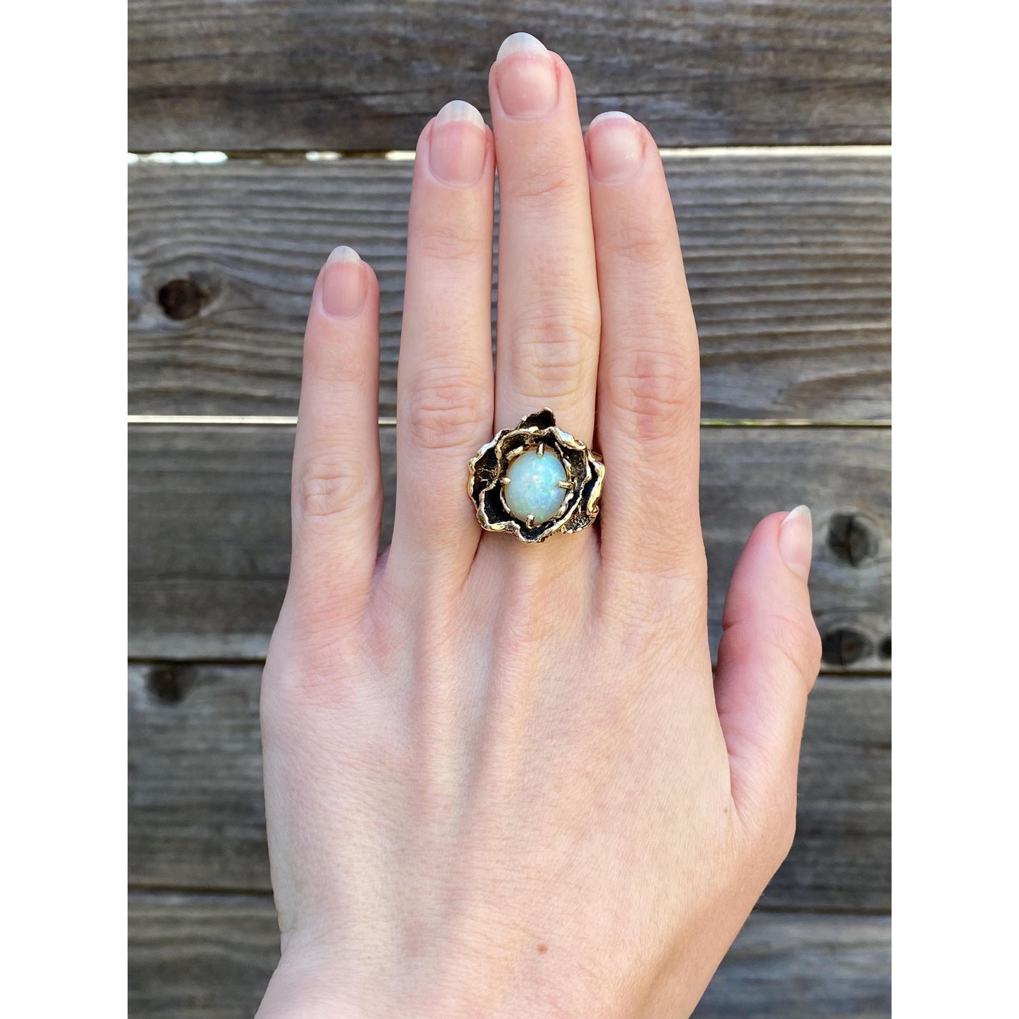 Vintage Solid 14k Yellow Gold Opal Flower Ring - Size 5.75