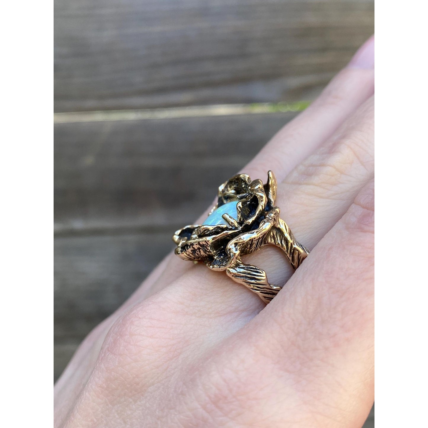 Vintage Solid 14k Yellow Gold Opal Flower Ring - Size 5.75