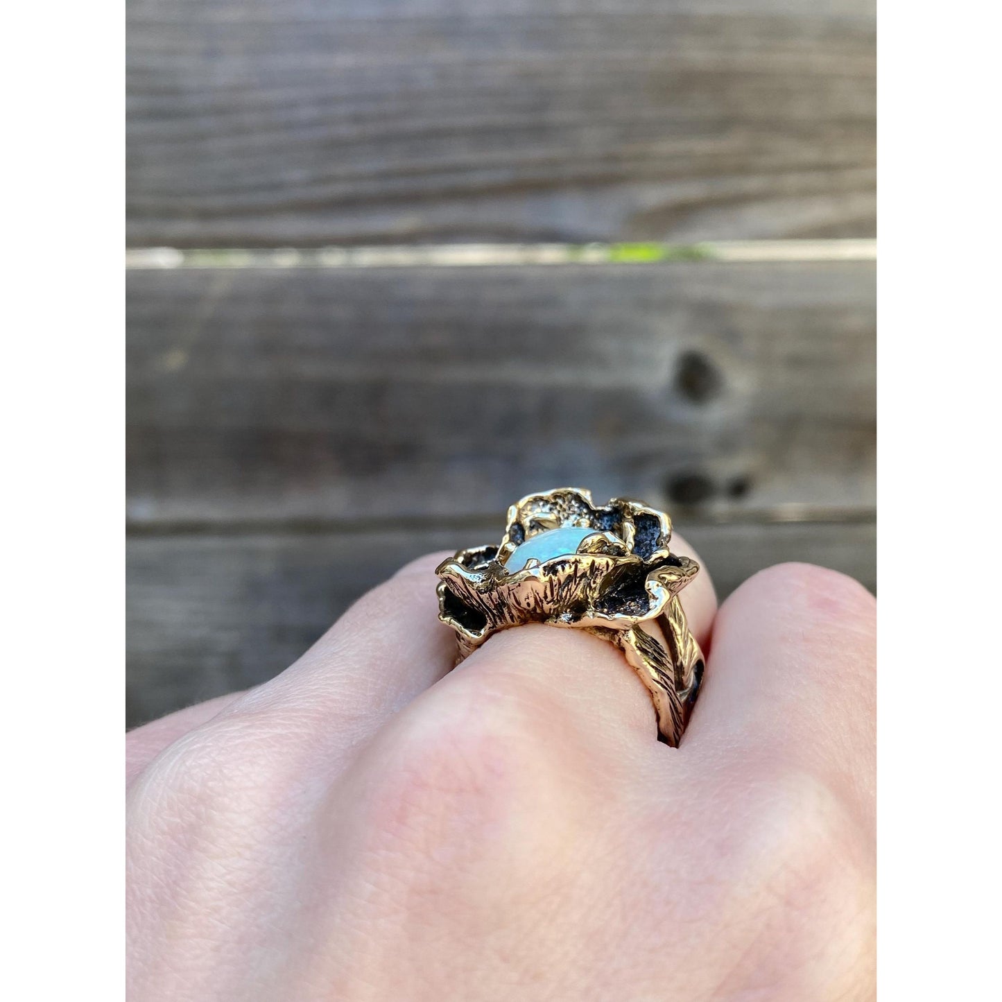 Vintage Solid 14k Yellow Gold Opal Flower Ring - Size 5.75