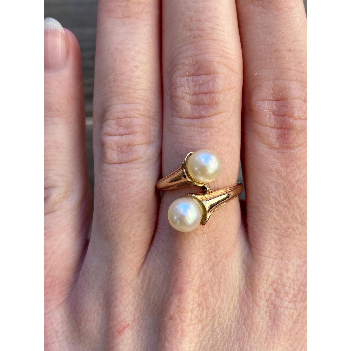 Solid 14k Yellow Gold Pearl Bypass Ring - Size 5.75