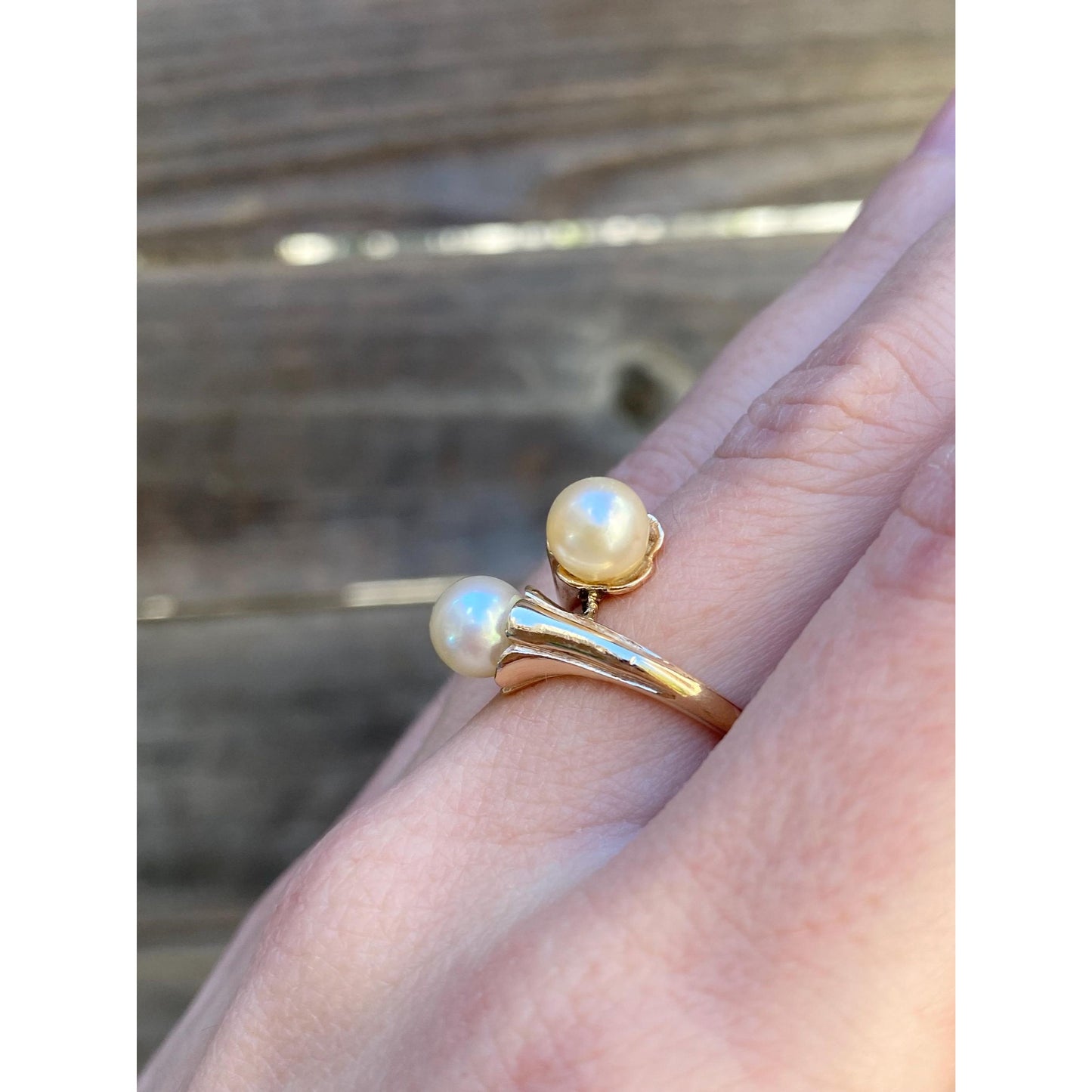 Solid 14k Yellow Gold Pearl Bypass Ring - Size 5.75