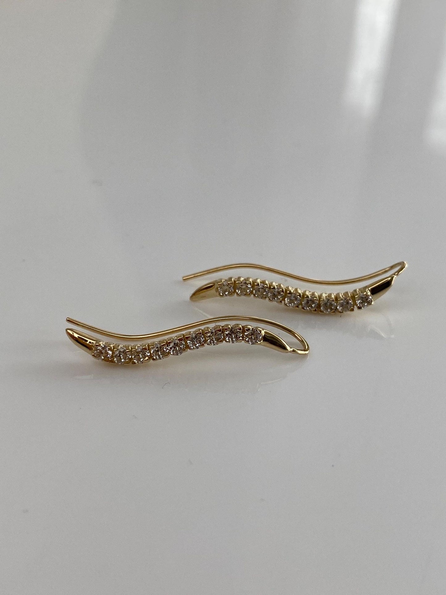 Vintage Solid 14k Yellow Gold Clear Cubic Zirconia Ear Climber Drop Earrings