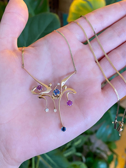 Vintage Solid 14k Yellow Gold Diamond Blue & Pink Sapphire Flat Chain Necklace - 19.75 inches