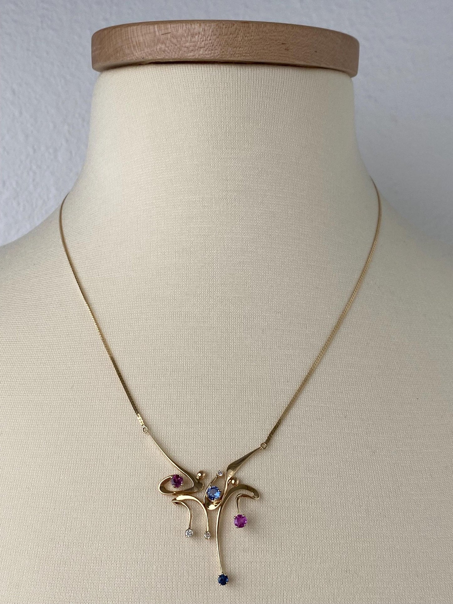 Vintage Solid 14k Yellow Gold Diamond Blue & Pink Sapphire Flat Chain Necklace - 19.75 inches