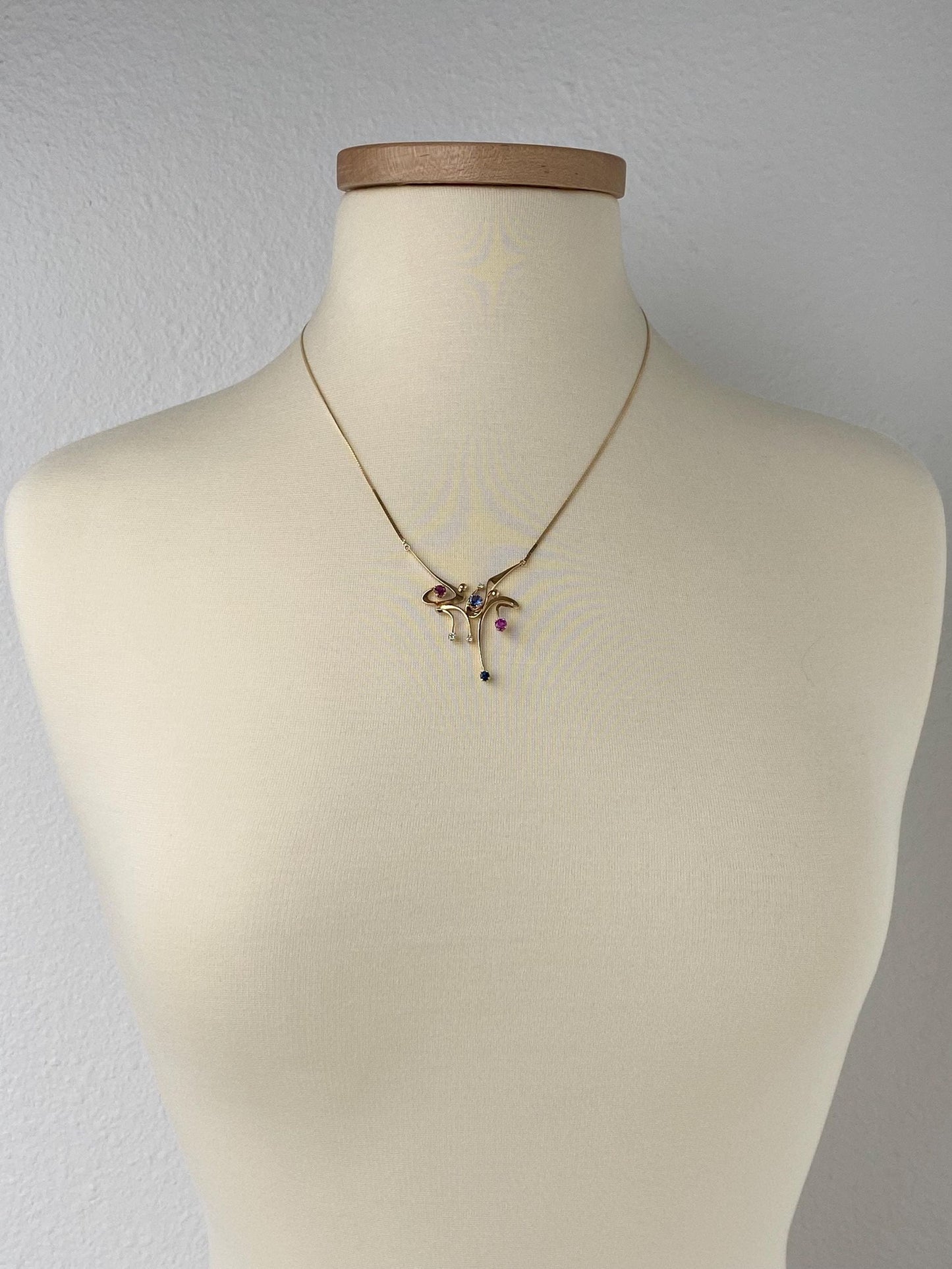 Vintage Solid 14k Yellow Gold Diamond Blue & Pink Sapphire Flat Chain Necklace - 19.75 inches