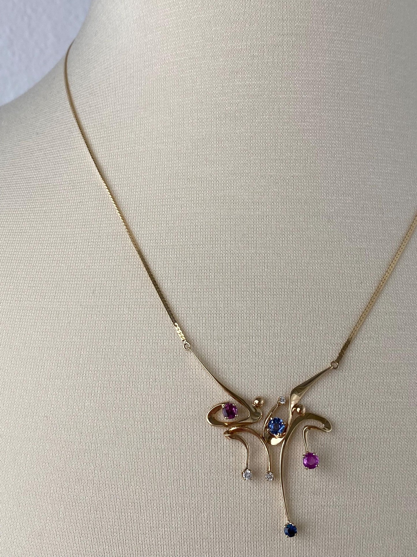 Vintage Solid 14k Yellow Gold Diamond Blue & Pink Sapphire Flat Chain Necklace - 19.75 inches