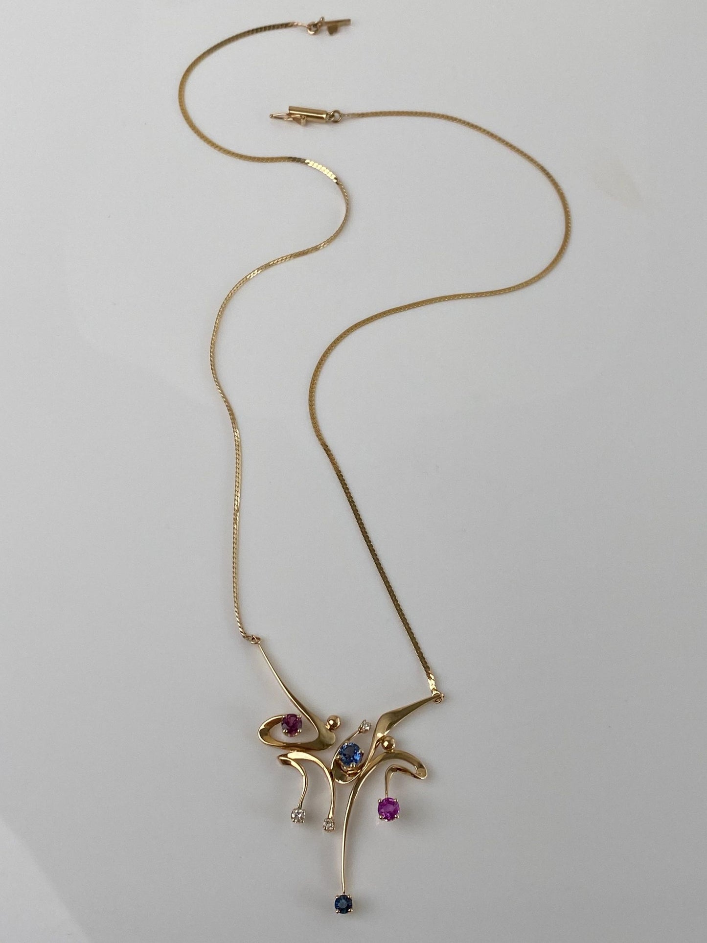 Vintage Solid 14k Yellow Gold Diamond Blue & Pink Sapphire Flat Chain Necklace - 19.75 inches