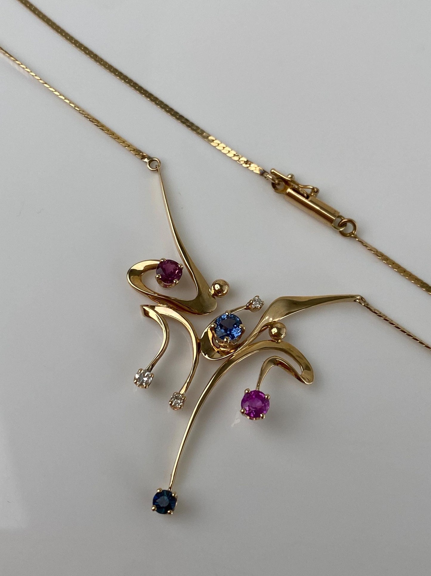 Vintage Solid 14k Yellow Gold Diamond Blue & Pink Sapphire Flat Chain Necklace - 19.75 inches