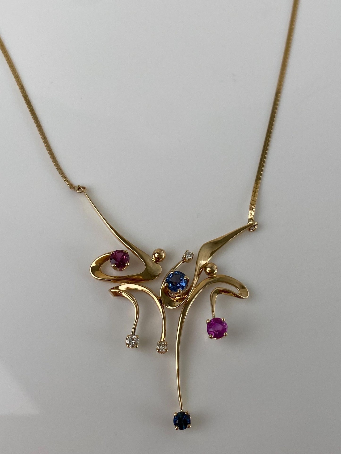 Vintage Solid 14k Yellow Gold Diamond Blue & Pink Sapphire Flat Chain Necklace - 19.75 inches