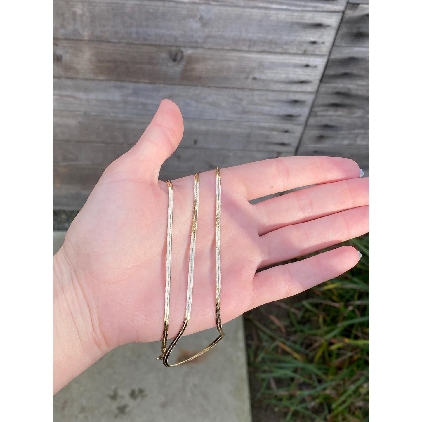 Vintage Solid 14k Yellow Gold Slim Herringbone Chain Necklace - 24 inches