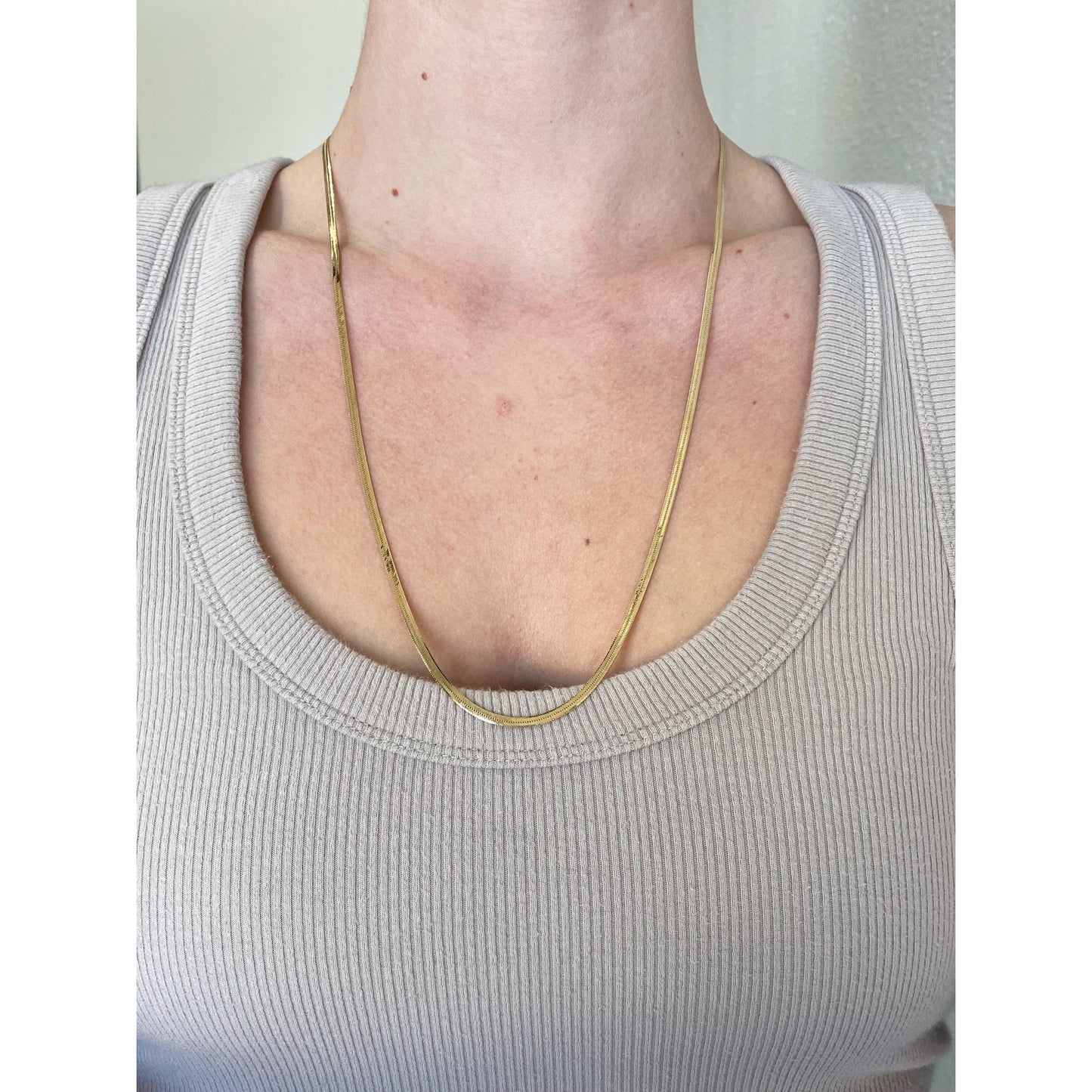Vintage Solid 14k Yellow Gold Slim Herringbone Chain Necklace - 24 inches
