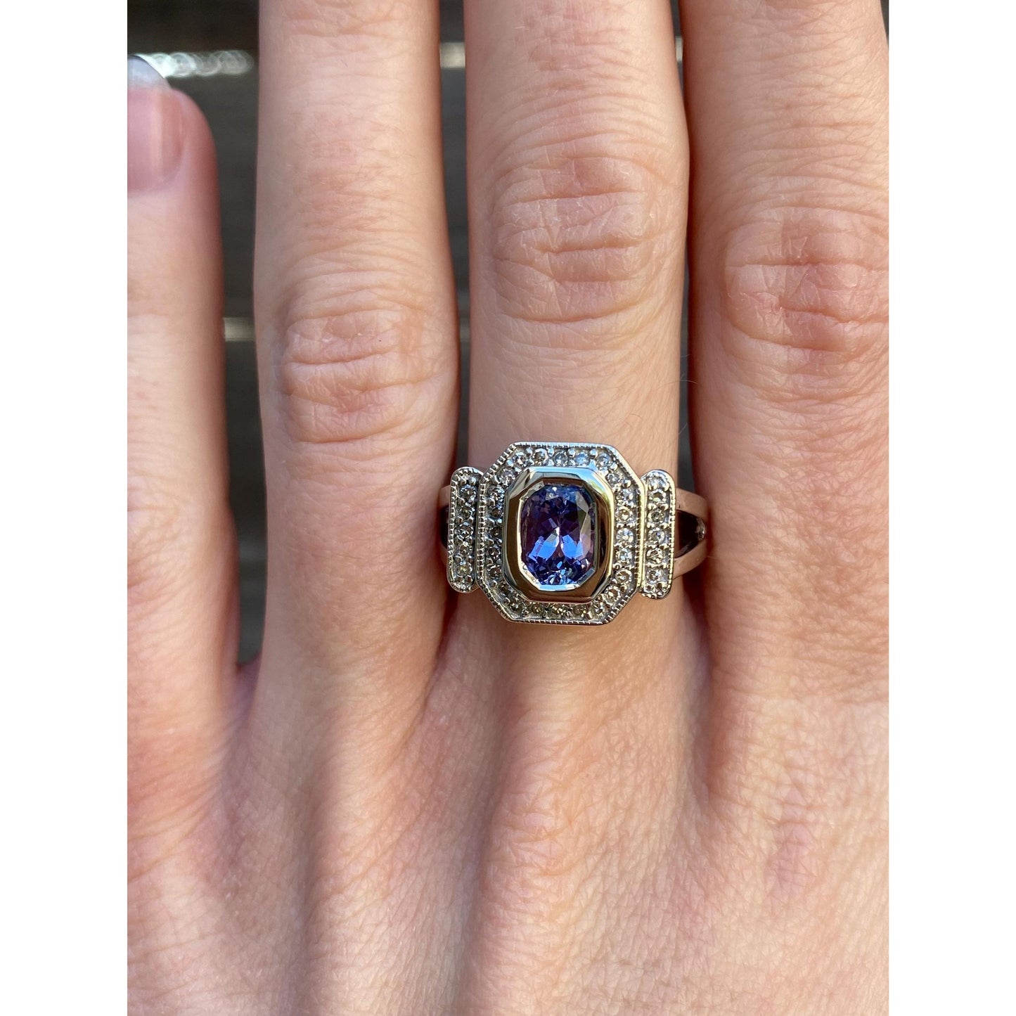 Solid 14k White Gold Tanzanite Diamond Ring - Size 7.75