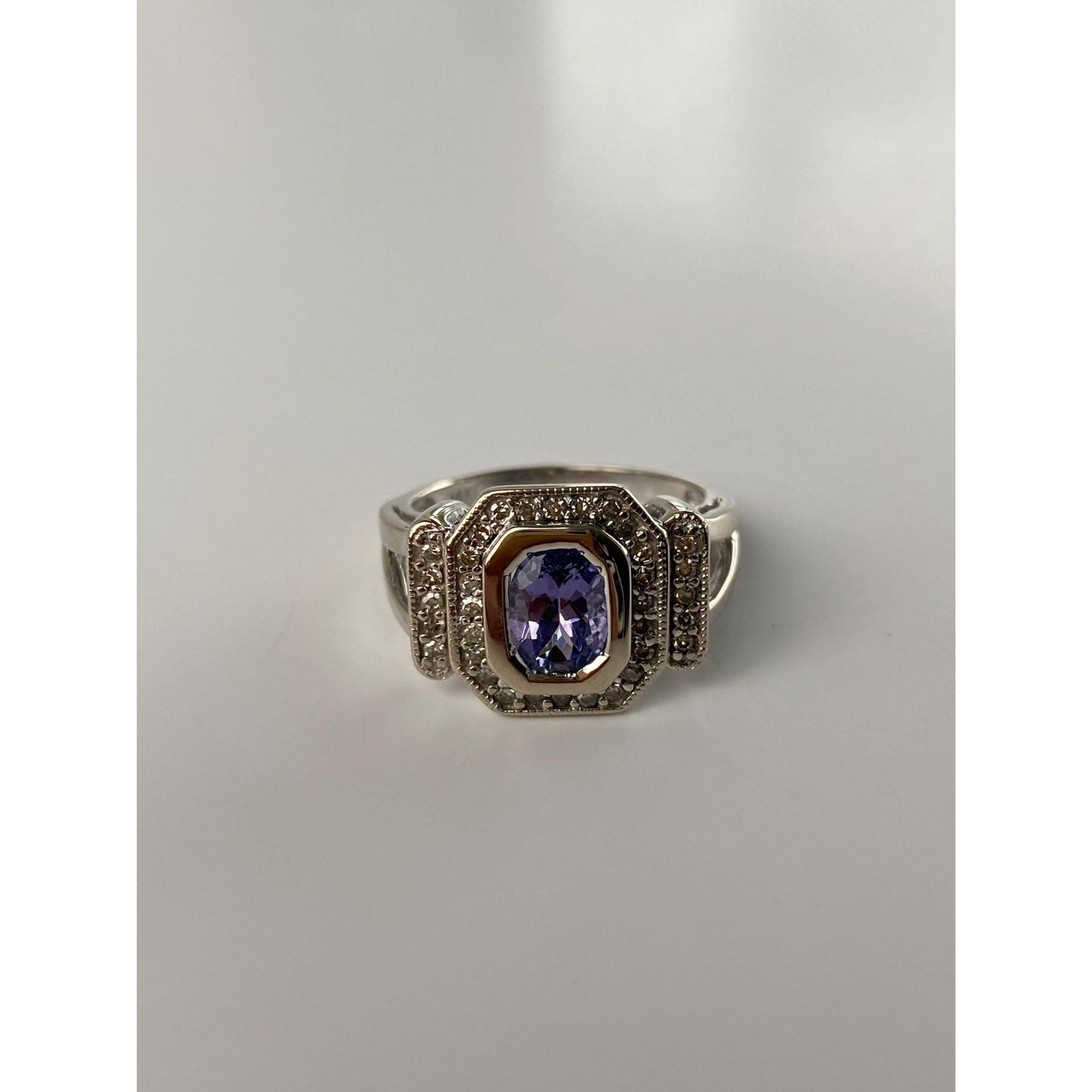 Solid 14k White Gold Tanzanite Diamond Ring - Size 7.75