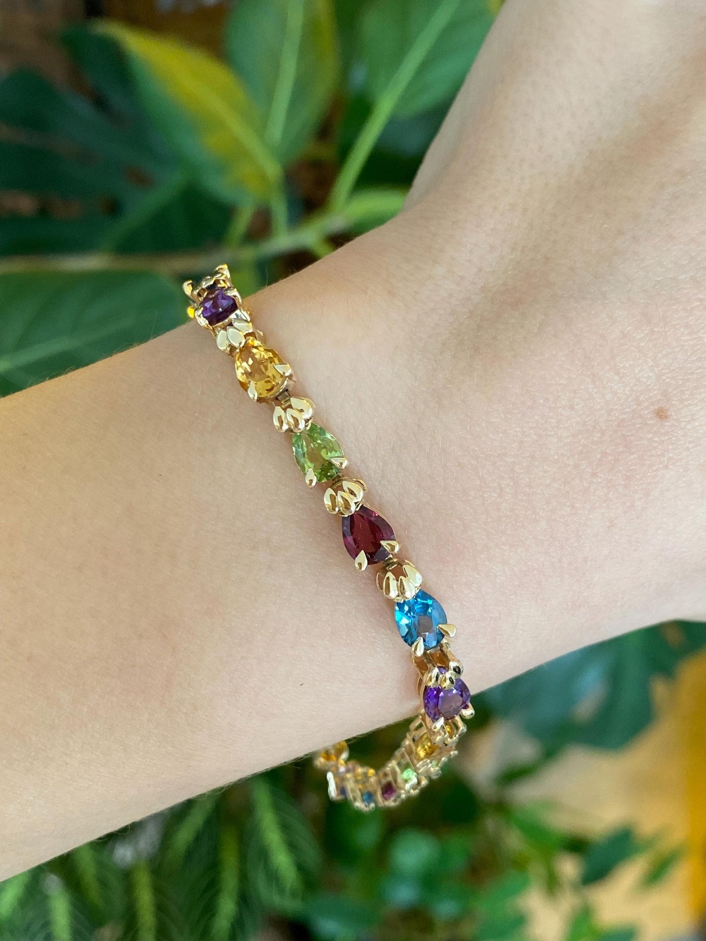 Vintage Solid 14k Yellow Gold Pink Tourmaline Topaz Peridot Citrine Amethyst Link Bracelet - 7.5 inches