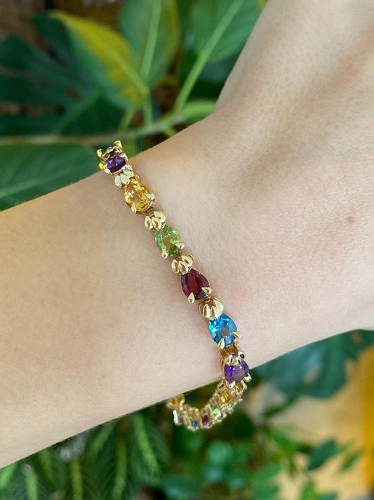 Vintage Solid 14k Yellow Gold Pink Tourmaline Topaz Peridot Citrine Amethyst Link Bracelet - 7.5 inches