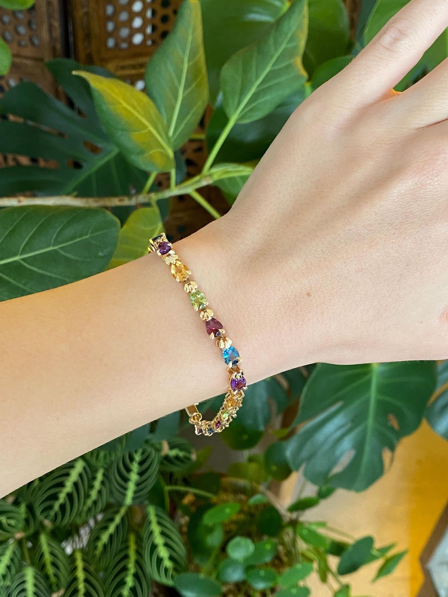 Vintage Solid 14k Yellow Gold Pink Tourmaline Topaz Peridot Citrine Amethyst Link Bracelet - 7.5 inches