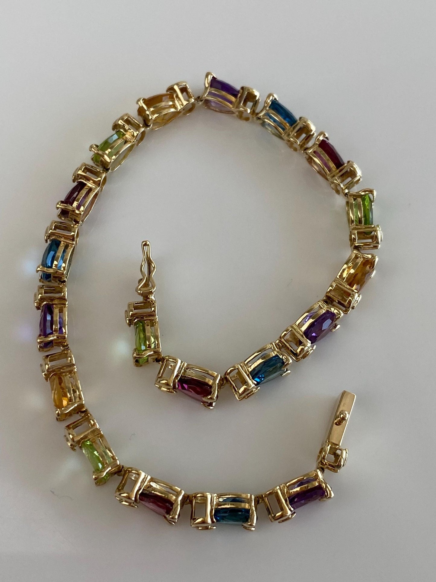 Vintage Solid 14k Yellow Gold Pink Tourmaline Topaz Peridot Citrine Amethyst Link Bracelet - 7.5 inches