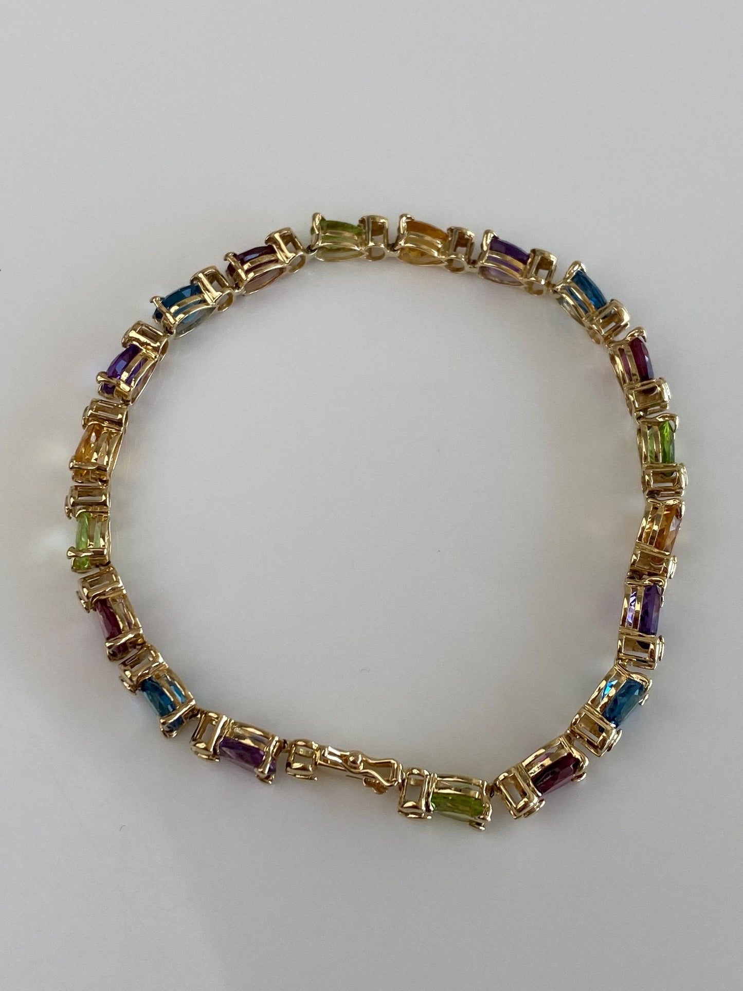 Vintage Solid 14k Yellow Gold Pink Tourmaline Topaz Peridot Citrine Amethyst Link Bracelet - 7.5 inches