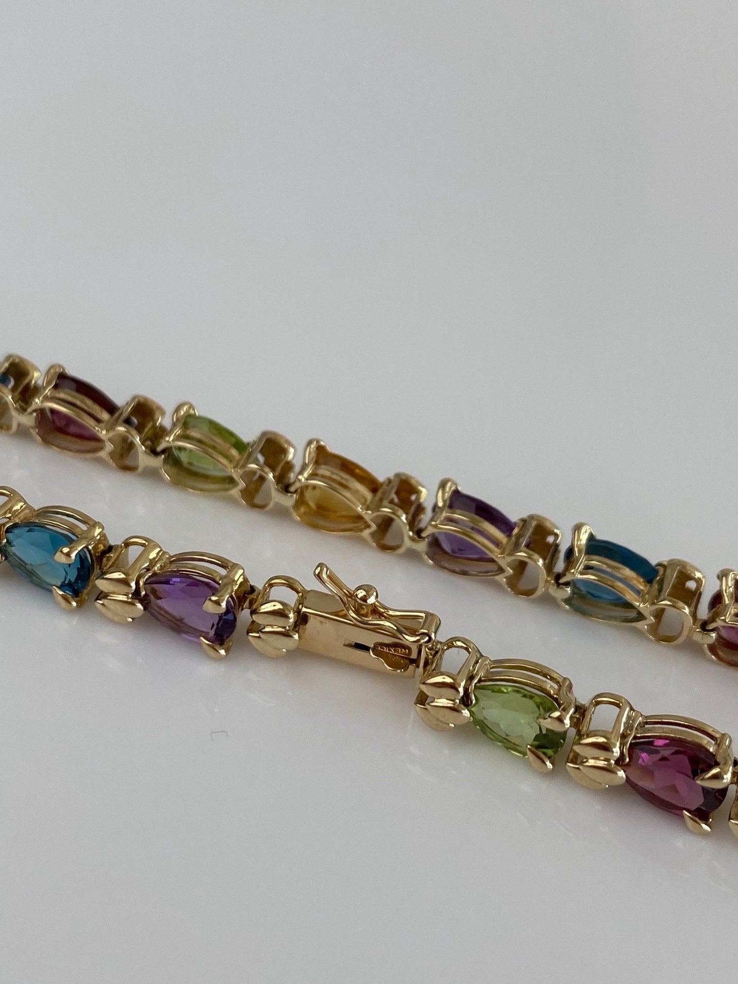Vintage Solid 14k Yellow Gold Pink Tourmaline Topaz Peridot Citrine Amethyst Link Bracelet - 7.5 inches
