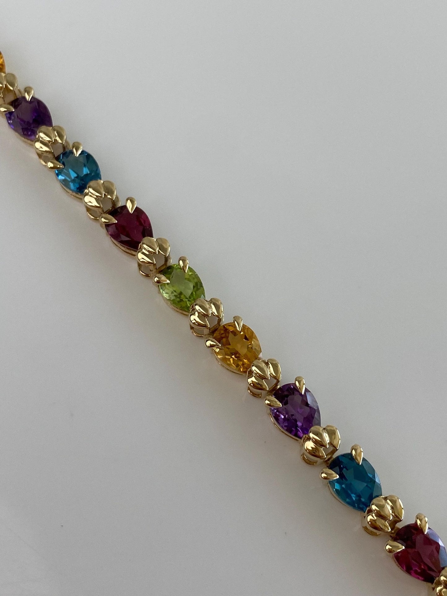 Vintage Solid 14k Yellow Gold Pink Tourmaline Topaz Peridot Citrine Amethyst Link Bracelet - 7.5 inches