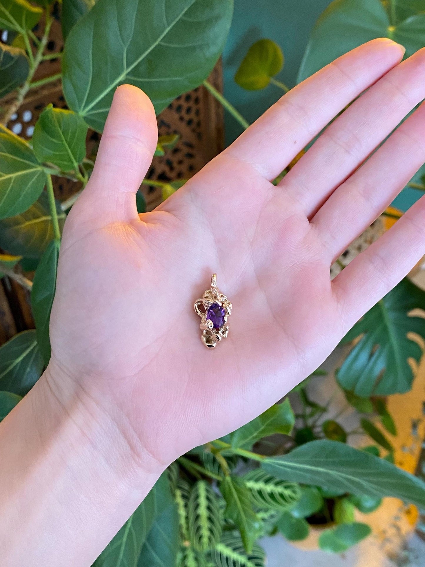 Vintage Solid 14k Yellow Gold Purple Spinel Organic Charm