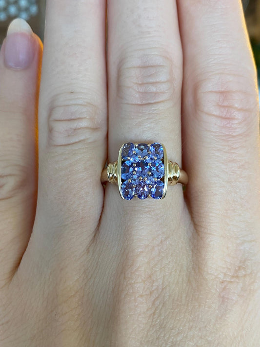 Solid 14k Yellow Gold Tanzanite Rows Ring - Size 8