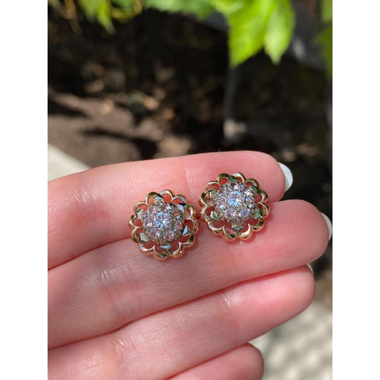 Solid 18k Rose & White Gold Clear Quartz Cluster Stud Earrings