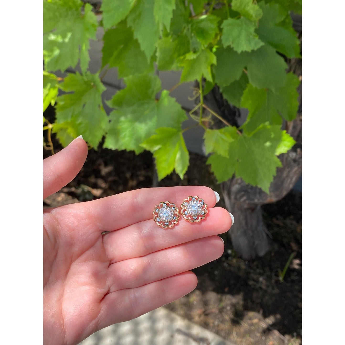 Solid 18k Rose & White Gold Clear Quartz Cluster Stud Earrings